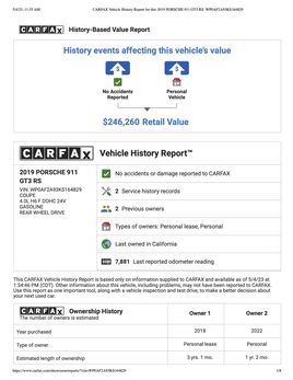 CARFAX Vehicle History Report for this 2019 PORSCHE 911 GT3 RS WP0 AF2 A93 KS164829