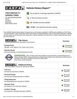 CARFAX Vehicle History Report for this 1989 PORSCHE 911 CARRERA TURBO WP0 JB0938 KS050390
