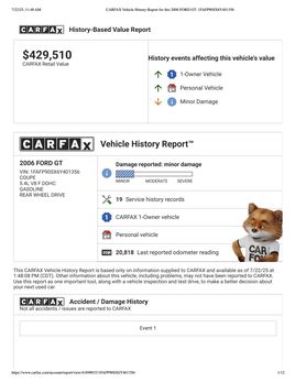 CARFAX Vehicle History Report for this 2006 FORD GT 1 FAFP90 SX6 Y401356