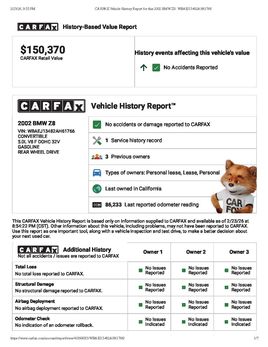 CARFAX Vehicle History Report for this 2002 BMW Z8 WBAEJ13482 AH61766
