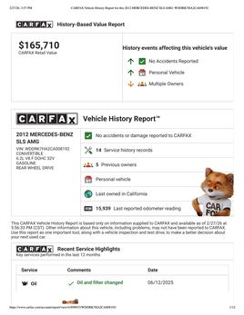 CARFAX Vehicle History Report for this 2012 MERCEDES BENZ SLS AMG WDDRK7 HA2 CA008192